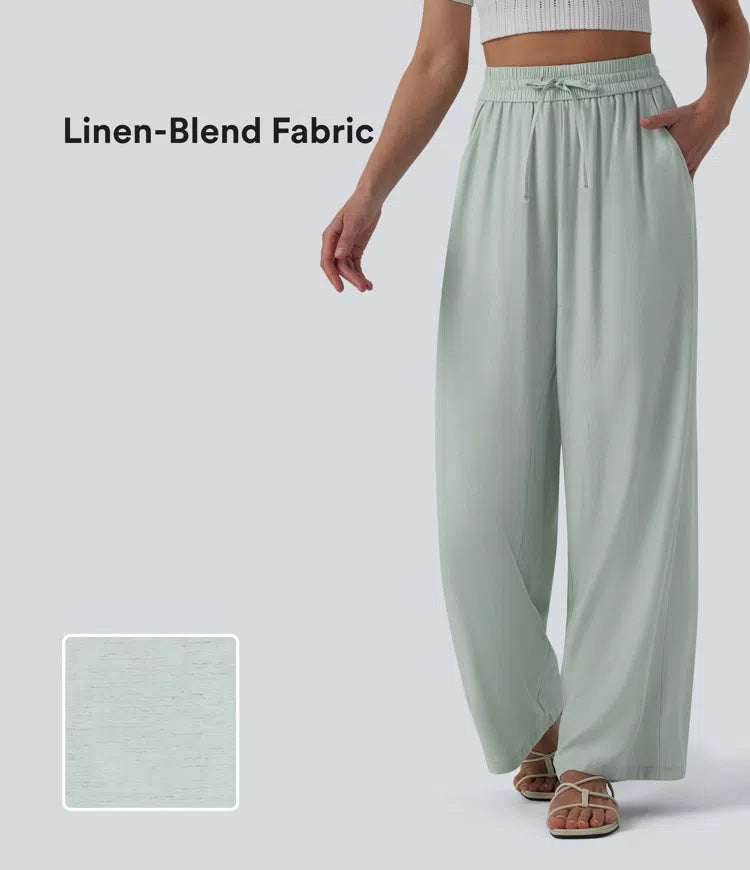 Linen-Blend Wide Leg Drawstring Pants — front